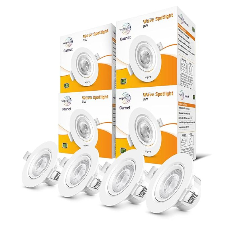 wipro Polycarbonate Garnet 3W Round Led Wave Spotlight|Cob Spotlight for Ceiling|Warm White Light (2700K)|Adjustable Design|Recessed Tiltable Downlighter for False Ceiling|Cutout-60 Mm|Pack of 4