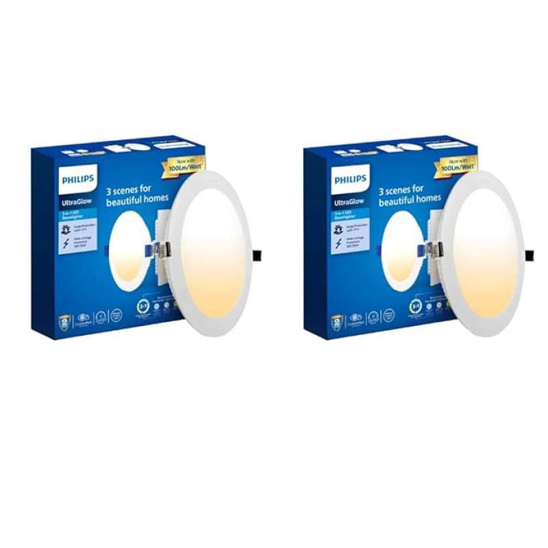 Philips Ultra Glow 15-watt Round LED Downlighter | 3 Colors in 1 Recessed LED Downlight | LED Ceiling Light for Home and Hall | Cut Out: 6 inch, Color: Tunable White, Pack of 2