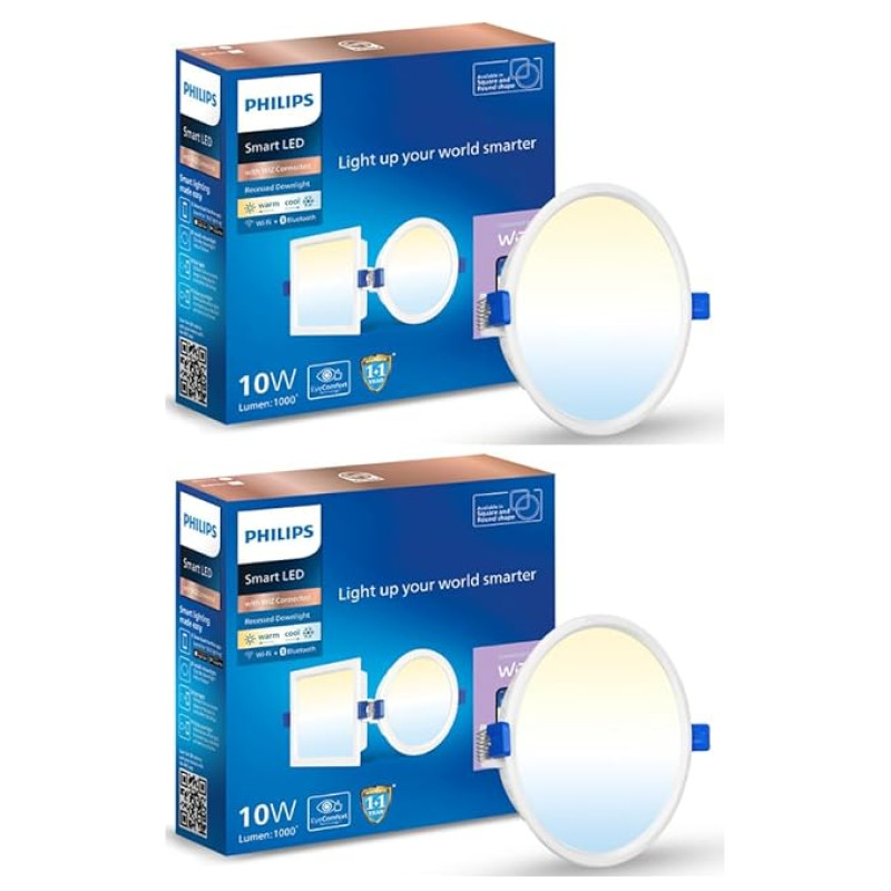 PHILIPS 10W Round Wi-Fi Smart LED Ceiling Light for Home with Music Sync Function | Amazon Alexa & Google Assistant Compatible | Cut Out: 4.17 inch | Tunable White, Pack of 2 (Wiz Prime Neo)