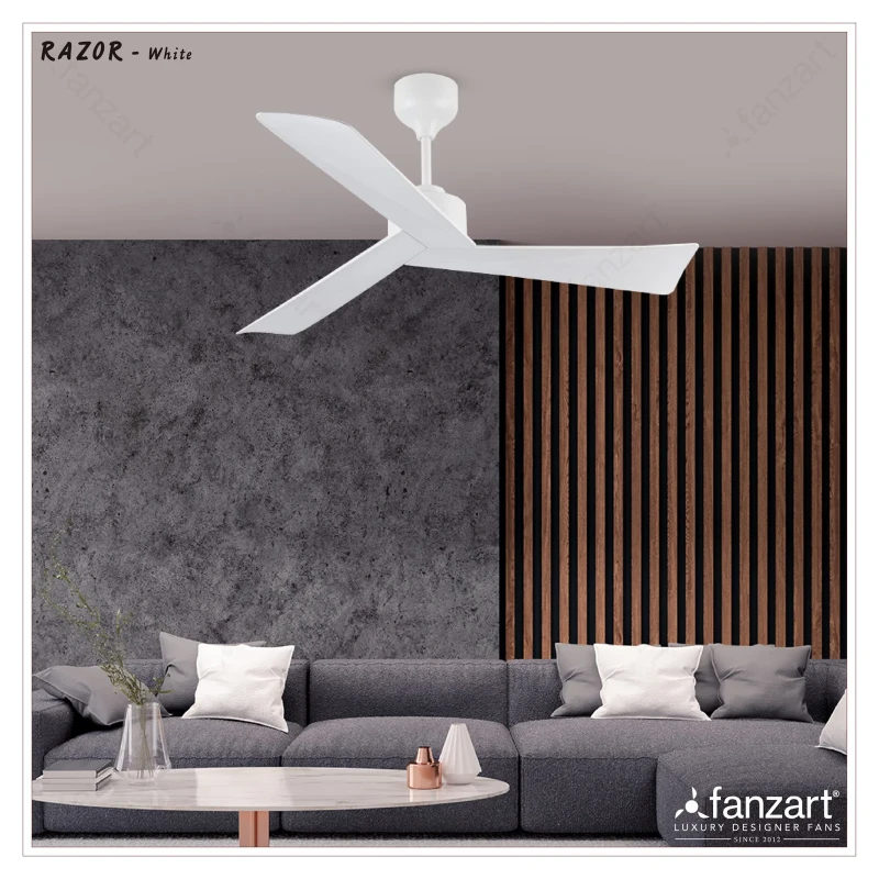 Fanzart Razor – 52″ Simply Modern Fan with 3 ABS Blades in Matte White Finish, Whisper-Quiet BLDC Motor, Summer-Winter Feature, Remote Control