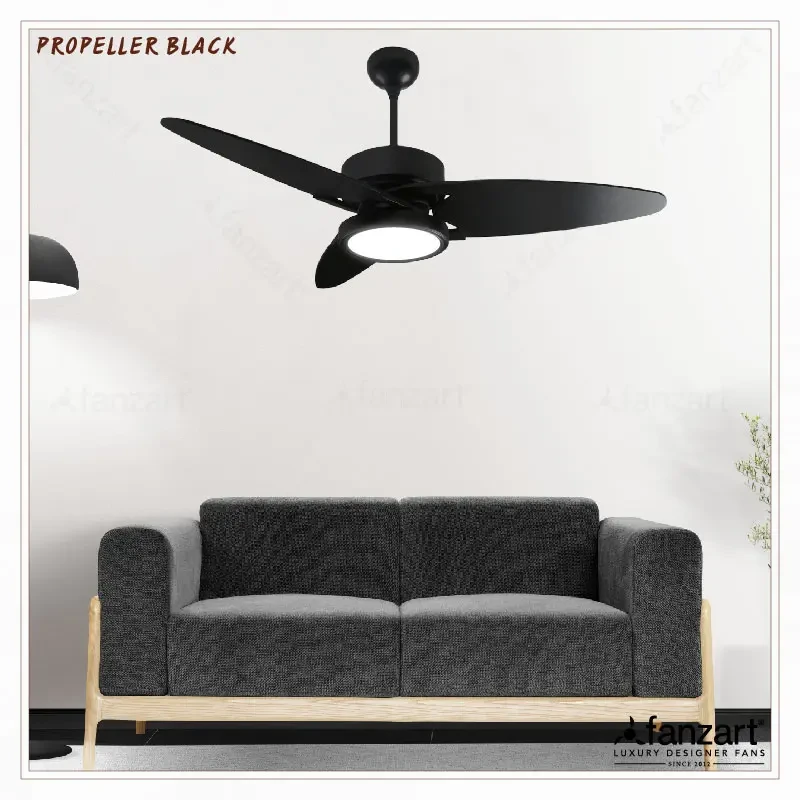 Fanzart Propeller Matte Black- 52″ Contemporary fan with 3 x Special Treated Reversible Plywood Blades, Multi-Coloured LED, BLDC Motor and Remote Control
