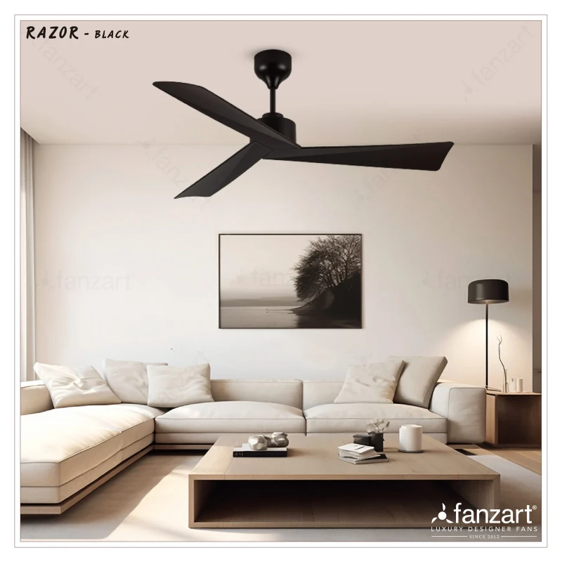 Fanzart Razor – 52″ Simply Modern Fan with 3 ABS Blades in Matte Black Finish, Whisper-Quiet BLDC Motor, Summer-Winter Feature, Remote Control