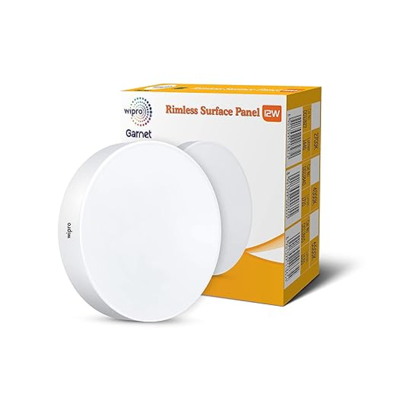 wipro Polycarbonate Garnet 12W Rimless Round Led Surface Panel|Cool White Light(6500K)|Elegant Rimless Design for Wider Spread of Light|Surface Mounted Led Down Light for Ceiling|Pack of 1