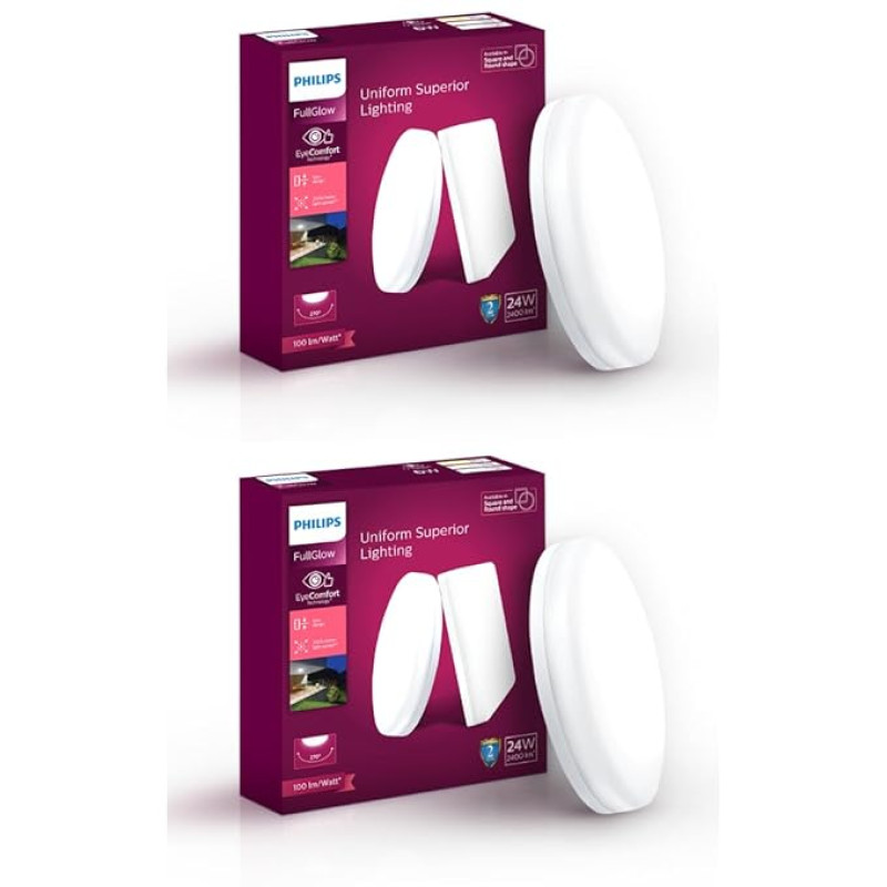 PHILIPS Rimless Full Glow 24-watt Round LED Surface Downlighter | Surface LED Downlight for Ceiling | LED Ceiling Light for Home & Hall | Warm White | Pack of 2