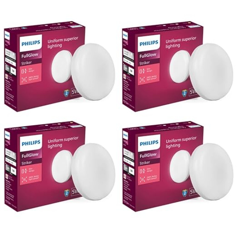 PHILIPS Rimless Full Glow 5-watt Round LED Surface Downlighter | Striker Surface Under Cabinet LED Light for Decoration | Warm White, Pack of 4