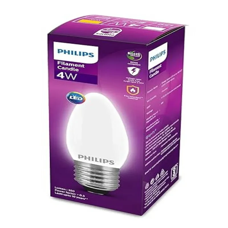 PHILIPS 4-Watt 400-lumen Candle Frosted E27 Base (Warm White) - Decorative, Ambience for Chandeliers, Wall lights, Desk lamps, Floor lamps