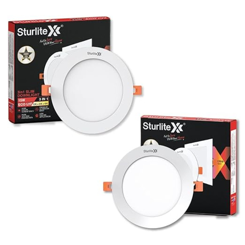 Sturlite Eco LYF 15W (3 in1) Round LED Downlight| Warm, Neutral & Cool White Color Temperature| 1200 Lumens with CRI Tech for Various Ceiling Types and Rooms - (Pack of 2)