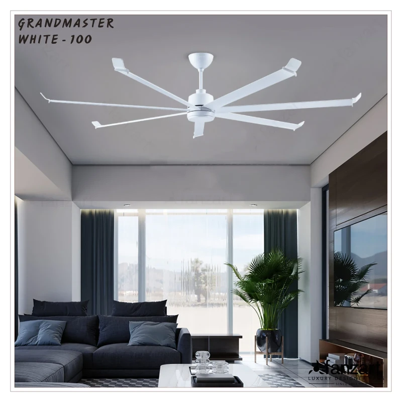 Fanzart Grand Master White – 100″ Refined Industrial HVLS Fan with 7 Customizable Aluminium Blades in Matte White Finish, Whisper-Quiet BLDC Motor, Summer-Winter Feature, Remote Control
