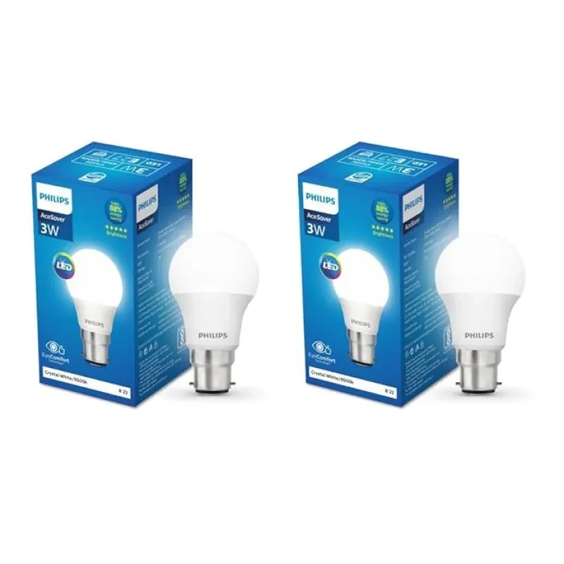 PHILIPS 3-watt LED Bulb | AceSaver LED Bulb | Base: B22 Light Bulb for Home | Crystal White, Pack of 2