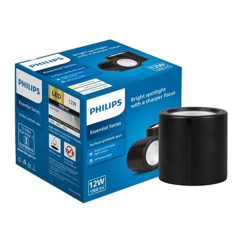 PHILIPS 12W Surface Mounted LED Spot Light | Synthetic Cylindrical COB Spot Down Light for Home & Decoration | Light Color: Cool Day Light | Pack of 1