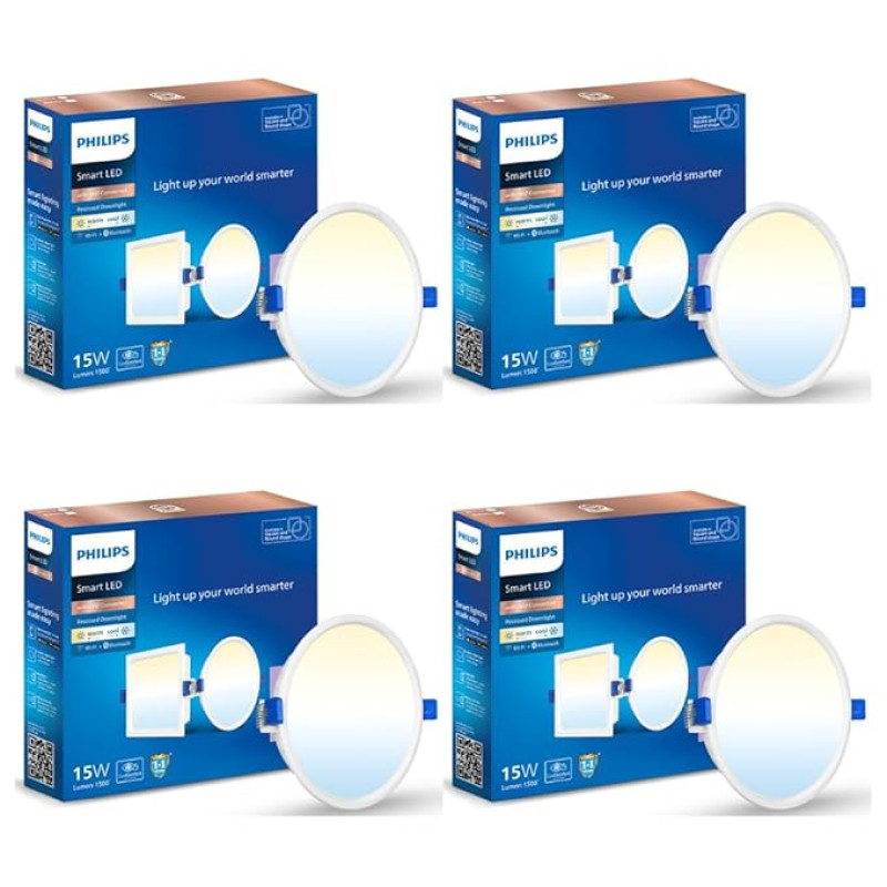 PHILIPS 15W Round Wi-Fi Smart LED Ceiling Light for Home with Music Sync Function | Amazon Alexa & Google Assistant Compatible | Cut Out: 6 inch | Tunable White, Pack of 4 (Wiz Prime Neo)