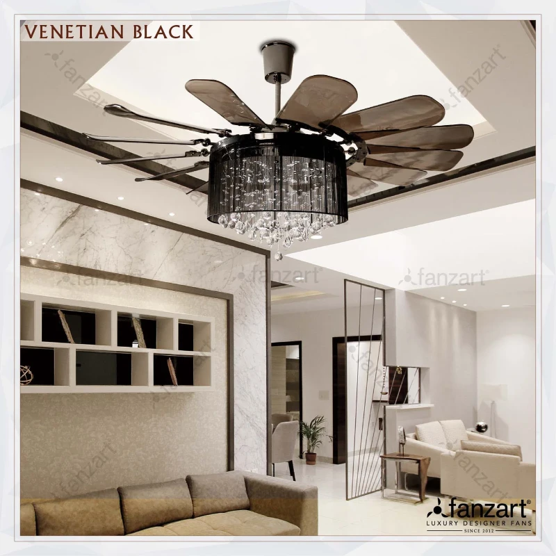 Fanzart Venetian Black – 52″ Crystal Fandelier ® with 14 x ABS transparent collapsable blades, BLDC motor, LED lights, Summer-Winter feature and Remote Control