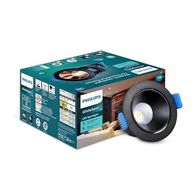 PHILIPS 7 Watt Black Reflector LED Ceiling COB Round Spot Light with Adjustable Tilt | Cut out: 67mm | Cool Day Light, Pack of 1 (Glide Spot)