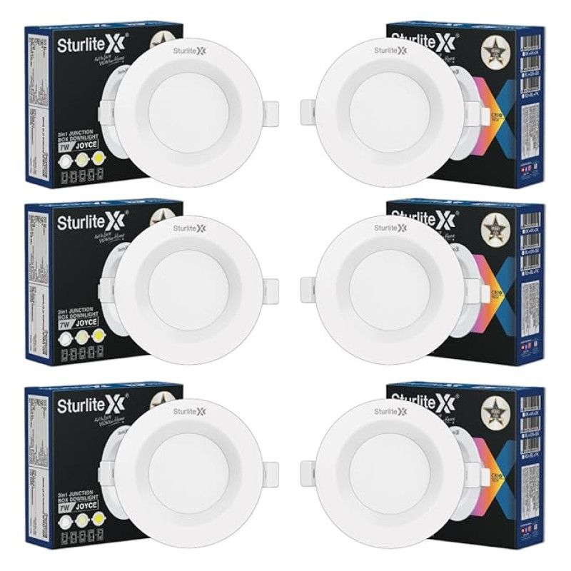 Sturlite Joyce 7W (3 in 1) Round LED Downlight|Warm, Neutral & Cool White Color Temperature|120° Wide Beam Ceiling Light|IP20 Protection and Fits in 3 inch Junction Box - (Pack of 6)