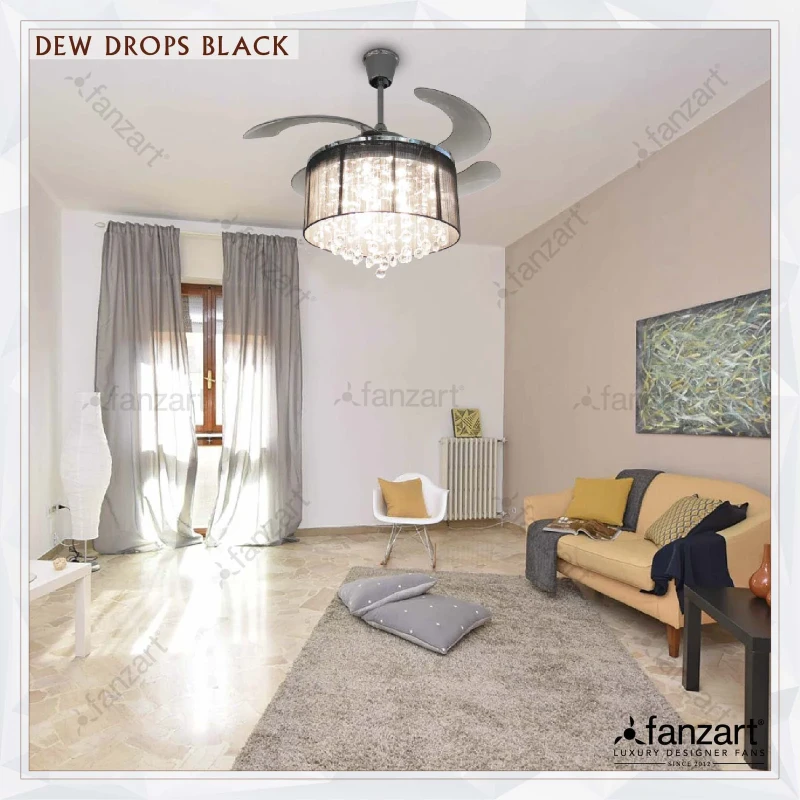 Fanzart Dew Drops Nickel Black – 44″ Crystal Fandelier ® with 4 x ABS transparent blades, LED lights and Remote Control
