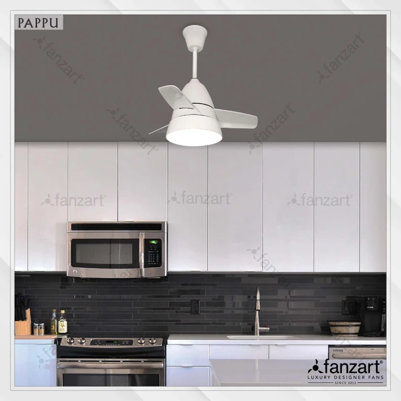 Fanzart Pappu – 24″ Modern fan with 3 x Customisable Palm Shape Glossy White blades, Summer-Winter feature, Multi Coloured LED and Remote Control