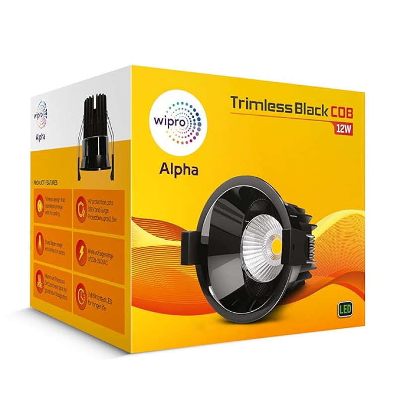 Wipro 12w Alpha Trimless Black COB | Neutral White (4000K) | Aluminium PDC Heat Sink | Sharp Beam Angle with Reflector for Home, Office and Store Cabinet Display | Pack of 2