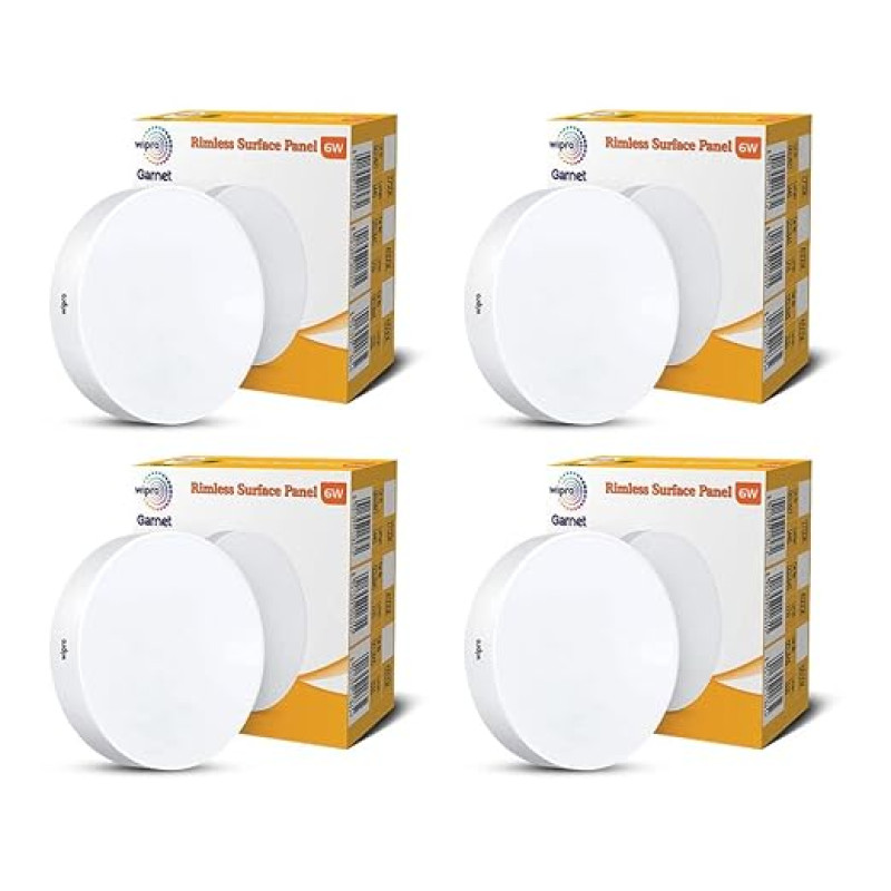 Wipro Polycarbonate Garnet 6W Rimless Round Led Surface Panel|Cool White Light (6500K)|Elegant Rimless Design for Wider Spread of Light|Surface Mounted Led Down Light for Ceiling|Pack of 4