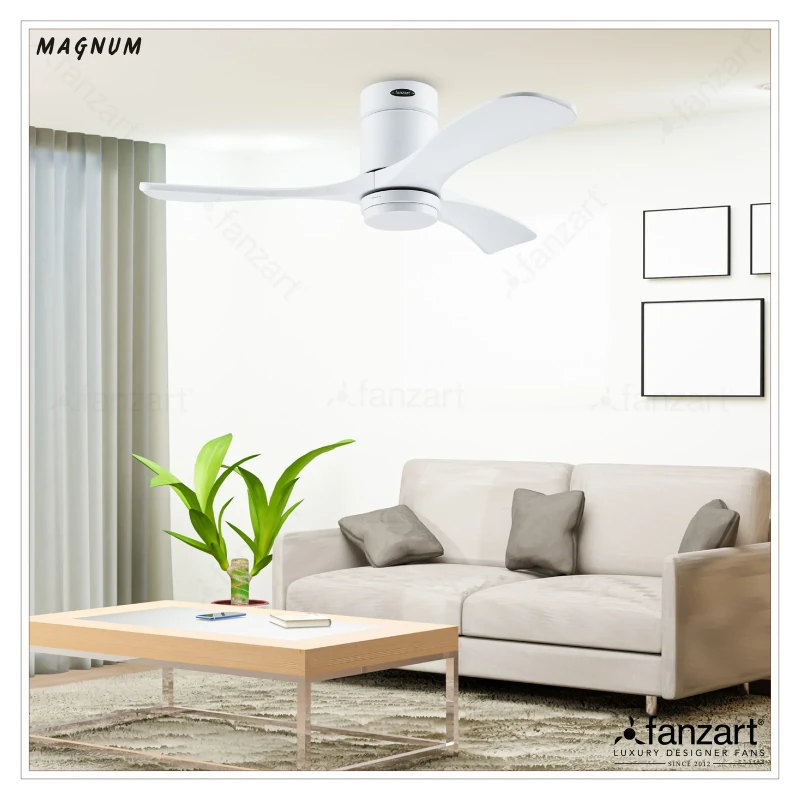 Fanzart Magnum Matte White- 44″ Hugger fan with 3x Original Platane Wood Blades  Whisper-Quiet BLDC Motor, Summer-Winter Feature, Remote Control