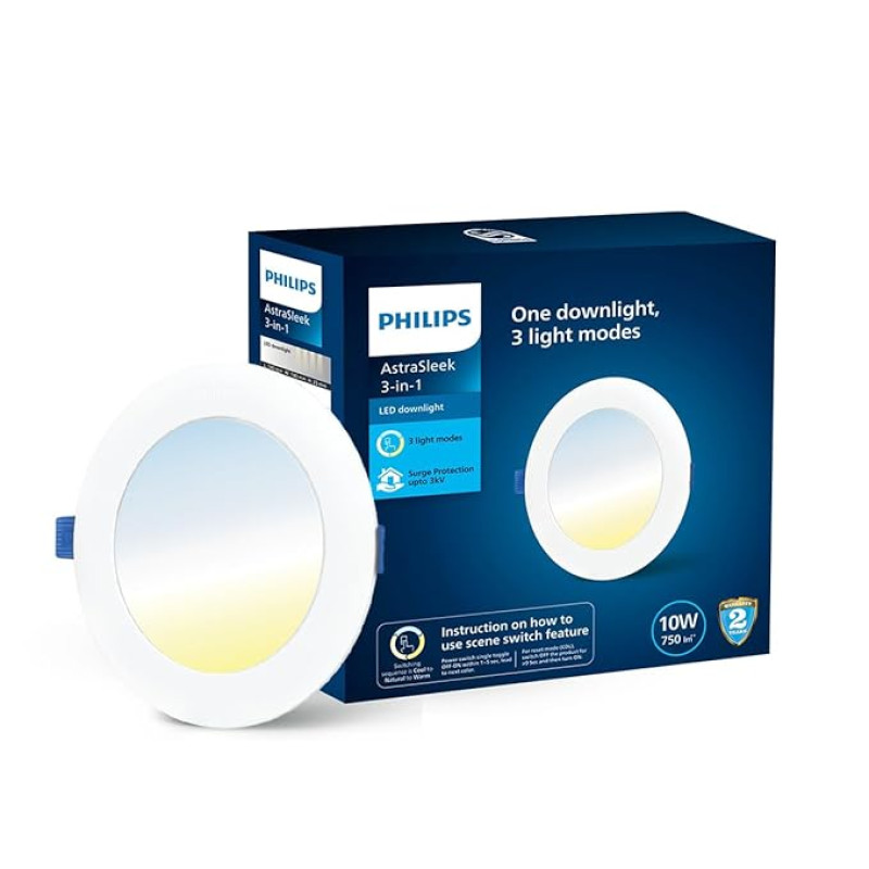 PHILIPS Astra Sleek 10-watt Round LED Downlighter | 3 Colors in 1 Recessed LED Downlight | LED Ceiling Light for Home and Hall | Cut Out: 4.3 inch, Color: Tunable White, Pack of 1