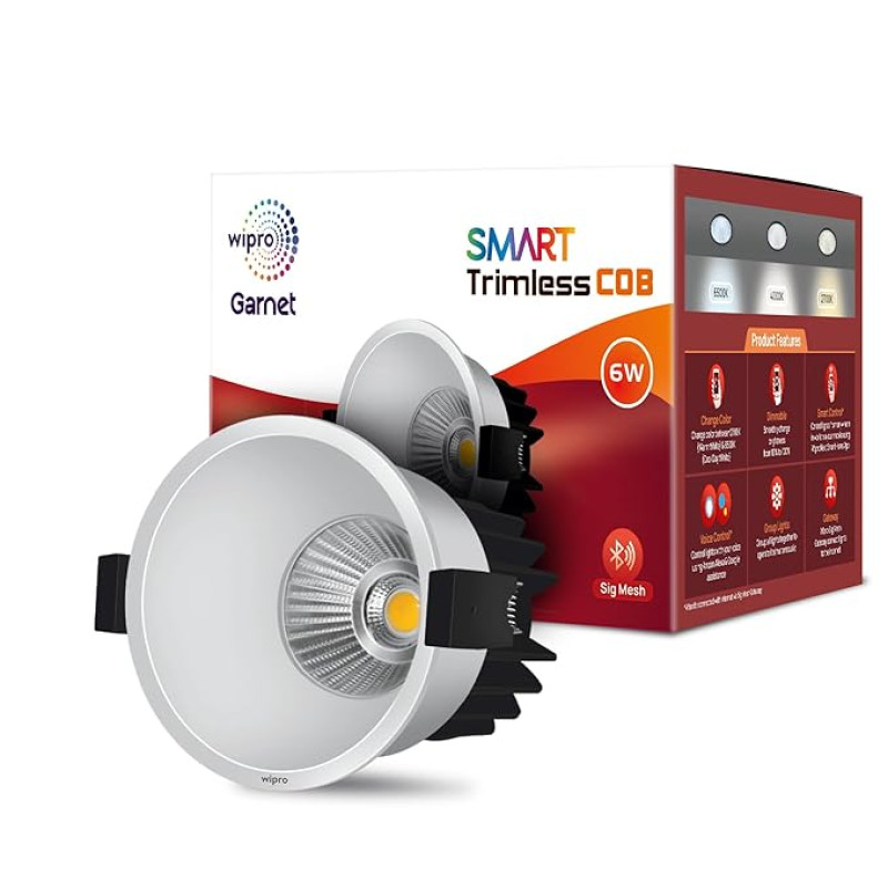 wipro Garnet 6W Smart Trimless COB | CCT, White Tuneable & Dimmable | Control with Mobile App via Bluetooth | Gateway Required for Controlling Through Internet & Alexa/Google Asst. | Pack of 1