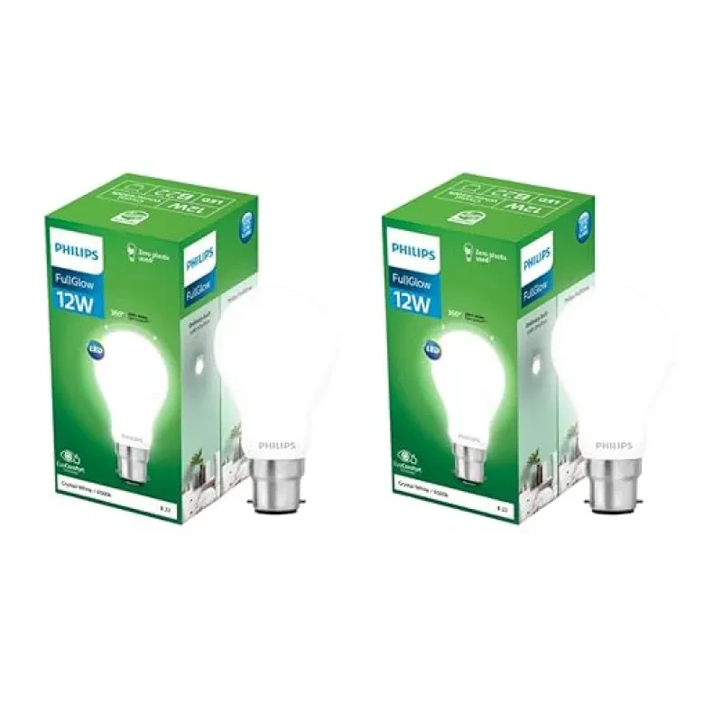 PHILIPS 12-Watt Glass LED Bulb | Full Glow Energy Saver 1200 Lumen Frosted Diffused LED Bulb | Base -B22 | Crystal White,Pack of 2
