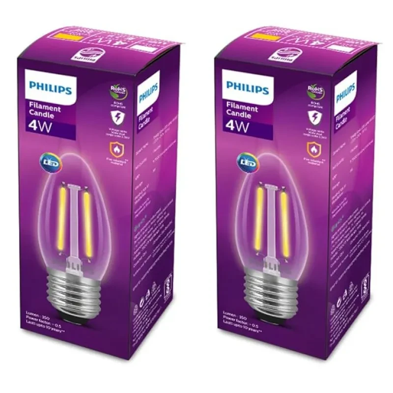 PHILIPS 4-watt Filament Candle LED Bulb | Clear Candle Bulb for Home & Decoration | Bulb Base: E27, Warm White | Pack of 2