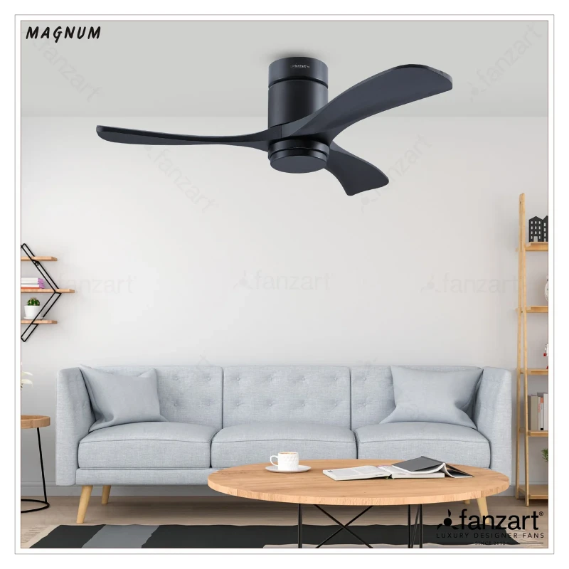 Fanzart Magnum Matte Black- 44″ Hugger fan with 3x Original Platane Wood Blades in Matte Black finish, Whisper-Quiet BLDC Motor, Summer-Winter Feature, Remote Control