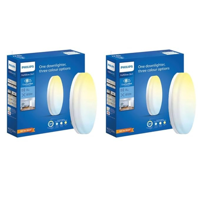 PHILIPS Full Glow 12-watt Round LED Surface Downlighter | 3 Colors in 1 Rimless LED Downlighter | LED Ceiling Light for Home and Hall | Color: Tunable White, Pack of 2