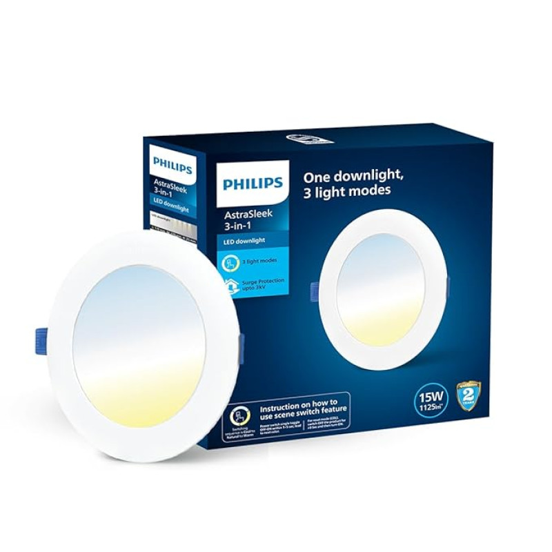 PHILIPS Astra Sleek 15-watt Round LED Downlighter | 3 Colors in 1 Recessed LED Downlight | LED Ceiling Light for Home and Hall | Cut Out: 6 inch, Color: Tunable White, Pack of 1
