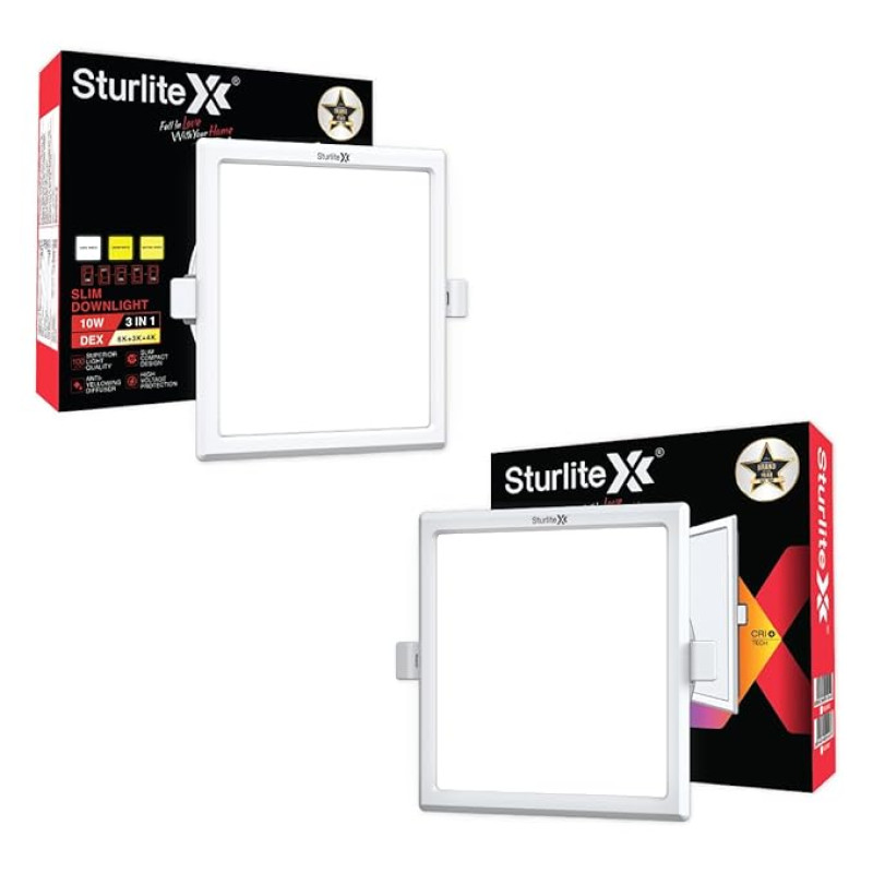 Sturlite Dex 10W (3 in1) Square LED Downlight|Warm, Neutral & Cool White Color Temperature|1000 Lumens with CRI Tech for Various Ceiling Types and Rooms - (Pack of 2)
