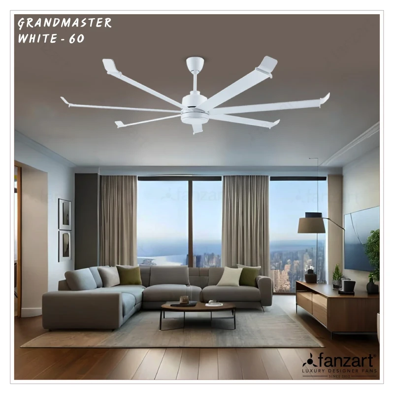 Fanzart Grand Master White – 60″ Refined Industrial HVLS Fan with 7 Customizable Aluminium Blades  BLDC Motor,  Remote Control