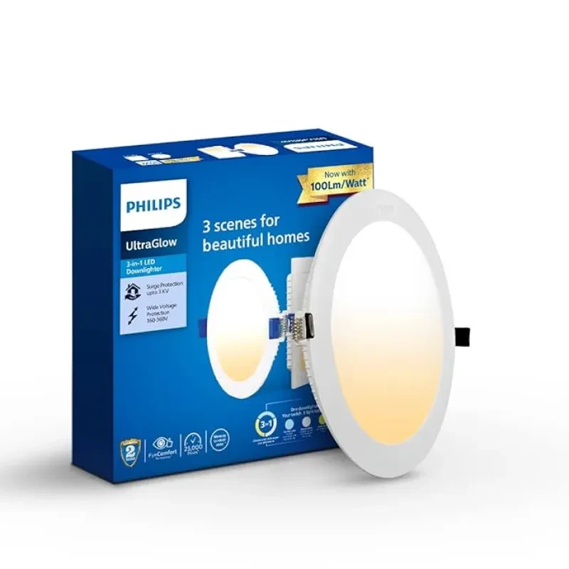 Philips Ultra Glow 10-watt Round LED Downlighter | 3 Colors in 1 Recessed LED Downlight | LED Ceiling Light for Home and Hall | Cut Out: 4 inch, Color: Tunable White, Pack of 1