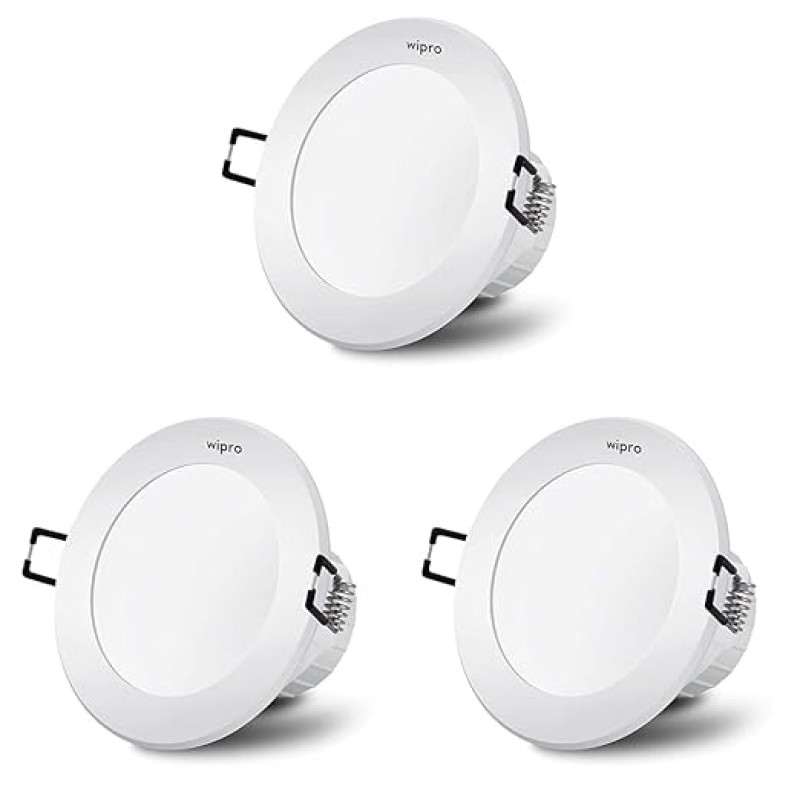 wipro Garnet 5W Round Downlight Junction Box | Warm White | Glare-Free Design | Recessed Downlighter for False Ceiling | Cutout ∼ 3 inch | Pack of 3