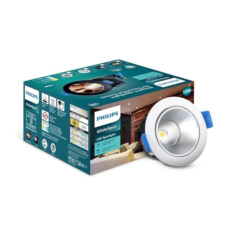 PHILIPS 12 Watt Silver Reflector LED Ceiling COB Round Spot Light with Adjustable Tilt | Cut out: 82mm | Cool Day Light, Pack of 1 (Glide Spot)