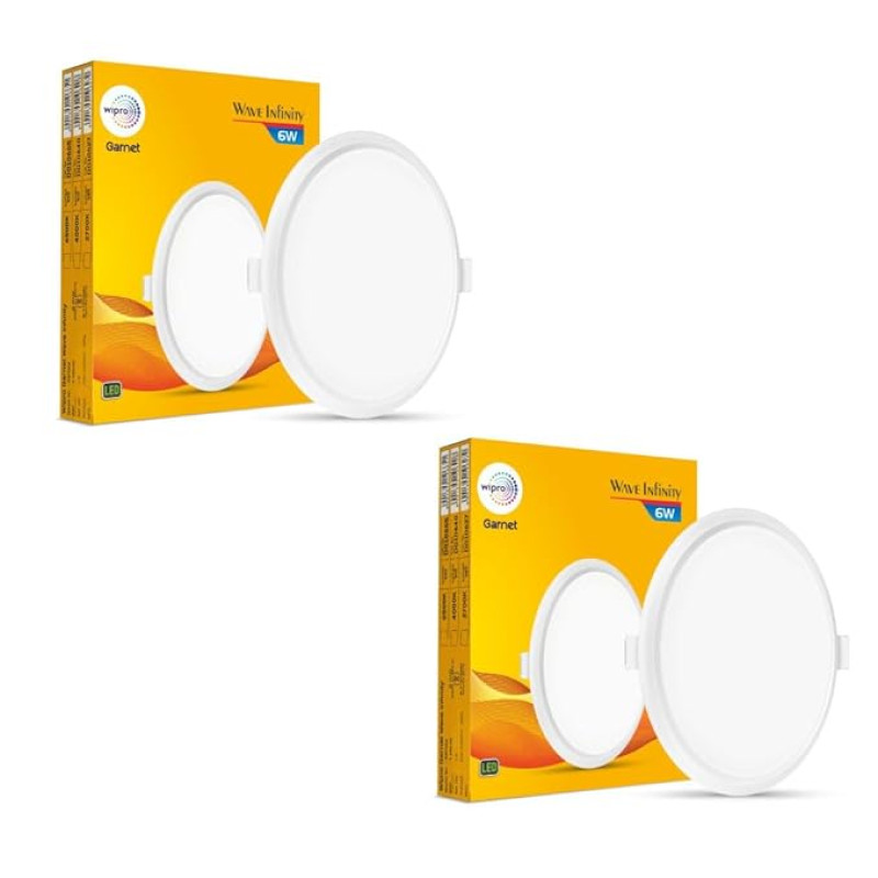 wipro Polycarbonate Garnet 6W Round Led Wave Infinity Panel|Cool White Light (6500K)|Rimless Panel with Ultra-Slim Design|Recessed Down Light for False Ceiling|Pop Cutout-100 Mm|Pack of 2