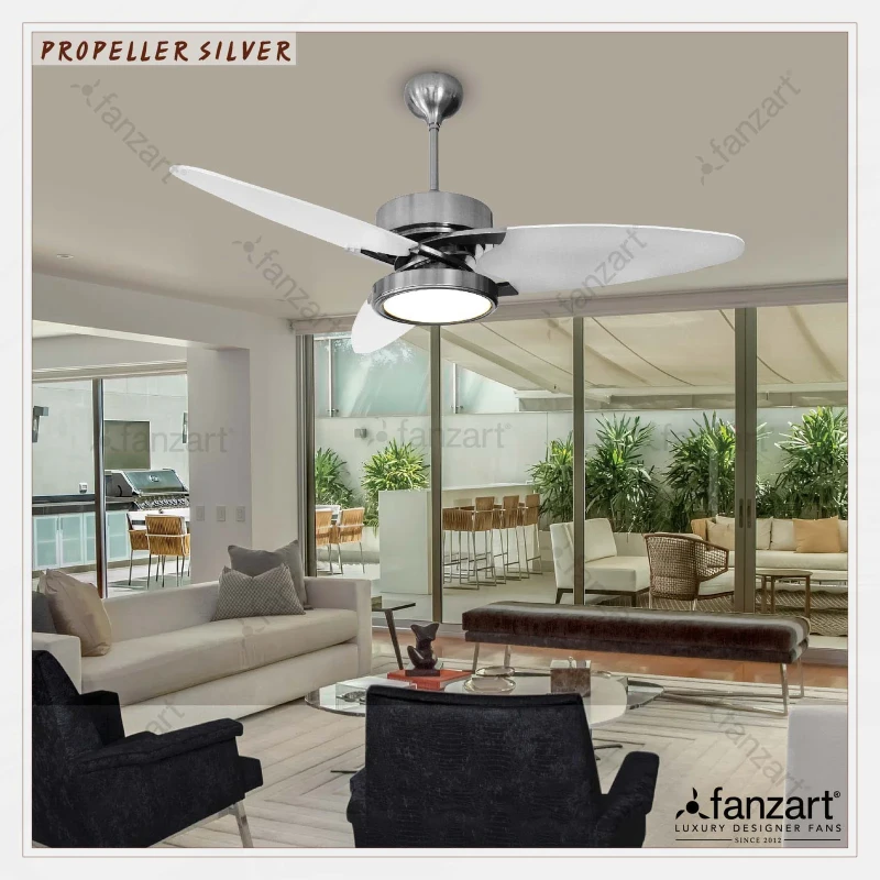 Fanzart Propeller Silver- 52″ Contemporary fan with 3 x Special Treated Plywood Blades, Multi Coloured LED, BLDC Motor and Remote Control