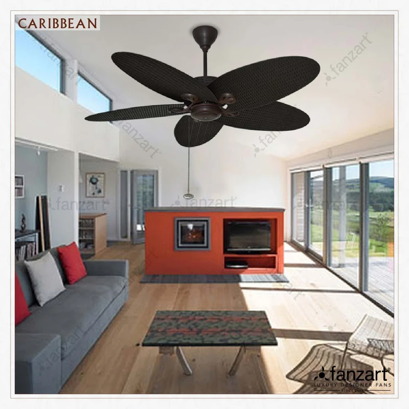 Fanzart Caribbean Dark Rattan – 52 ” Tropical fan with 5 x Rattan finish blades, Pull-Chain and Summer-Winter feature and optional Remote Integration