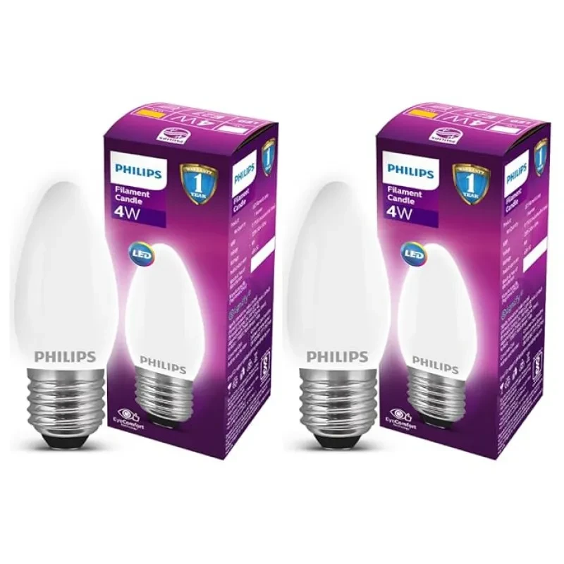 PHILIPS 4-watt Filament Candle LED Bulb | Diffused Candle Bulb for Home & Decoration | Bulb Base: E27, Cool White | Pack of 2