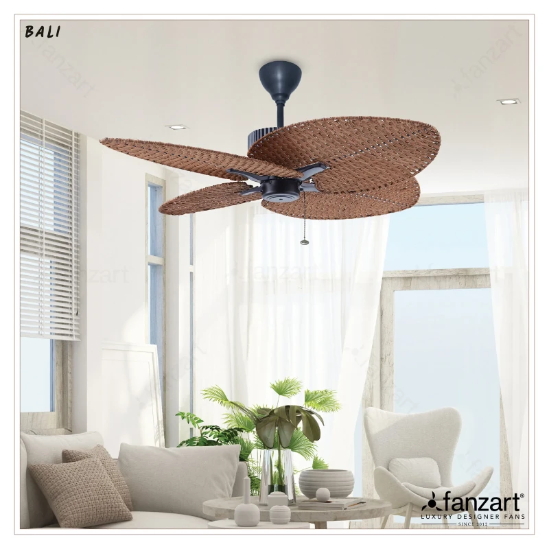 Fanzart Bali- 48″ Tropical fan with 4x Original Rattan Blades, Whisper-Quiet, Summer-Winter Feature, Pull Chain