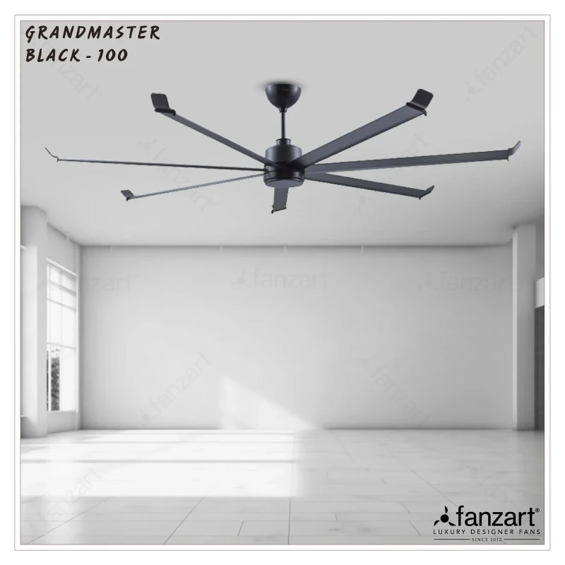 Fanzart Grand Master Black – 100″ Refined Industrial HVLS Fan with 7 Customizable Aluminium Blades FinishBLDC Motor Remote Control