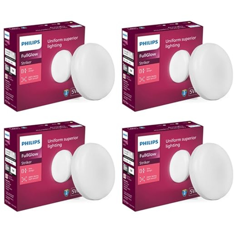PHILIPS Rimless Full Glow 5-watt Round LED Surface Downlighter | Striker Surface Under Cabinet LED Light for Decoration | Natural White, Pack of 4
