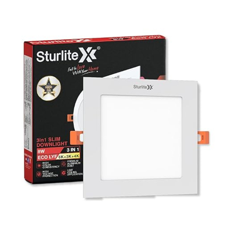 Sturlite Eco LYF 8W (3 in1) Square LED Downlight| Warm, Neutral & Cool White Color Temperature| 640 Lumens with CRI Tech for Various Ceiling Types and Rooms - (Pack of 1)