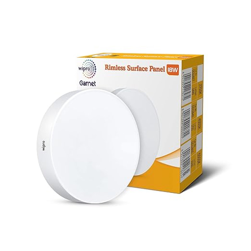 wipro Polycarbonate Garnet 18W Rimless Round Led Surface Panel|Cool White Light(6500K)|Elegant Rimless Design for Wider Spread of Light|Surface Mounted Led Down Light for Ceiling|Pack of 1