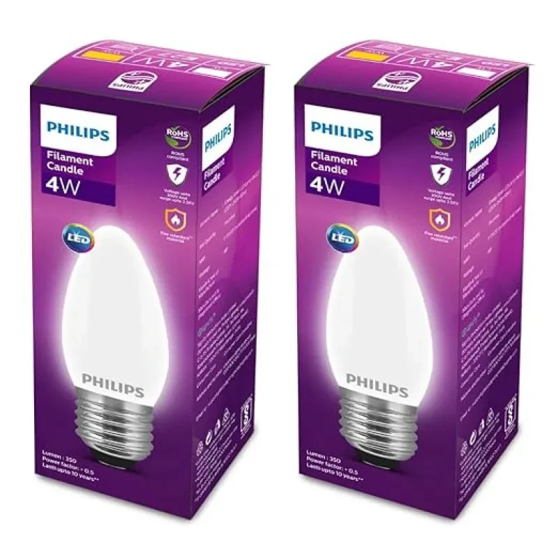 PHILIPS E27 Candle Frosted 400-Lumen Decorative Wall Lights (4W, Pack of 2, Warm White)