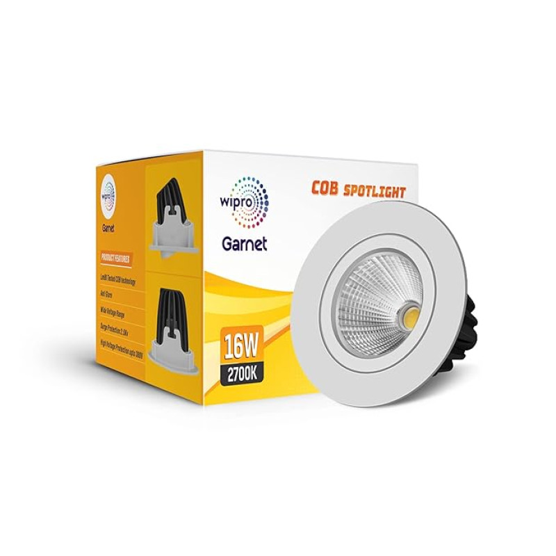 Wipro Garnet 16W LED COB Spotlight | Warm White Light (2700K) | Adjustable Design | Aluminium Housing for Efficient Performance | Recessed Tiltable Down Light for False Ceiling | Pack of 1