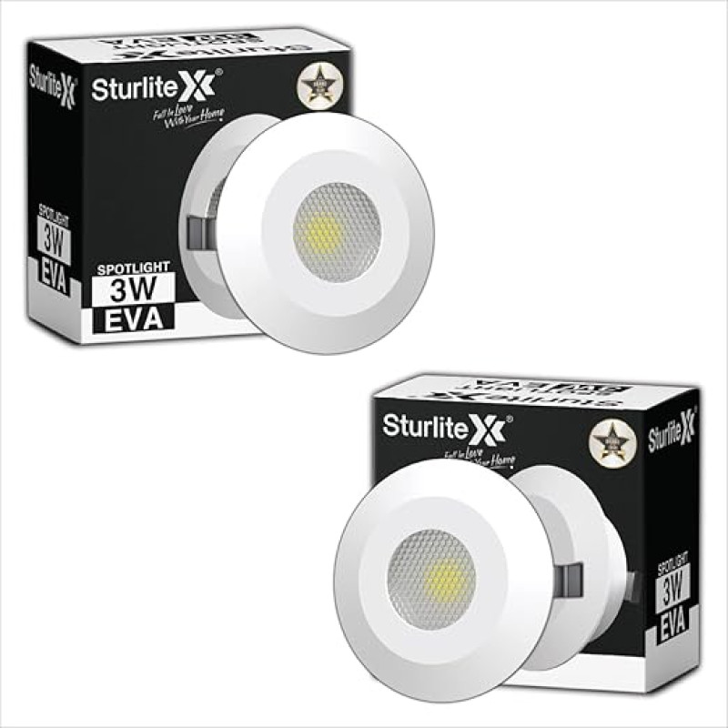 Sturlite Eva 3W LED Spotlight| 6500K Cool White Color Temperature| 36mm-Cutout & Compact Design Ceiling Ligh| CRI Tech with High Voltage Protection Downlight - Pack of 2