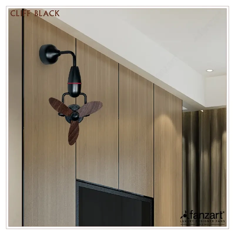 Fanzart Cliff Matte Black/Spica Oak – 16” Wall Mounted fan with 3 x Wooden Finished ABS blades, 90-degree Oscillation, BLDC motor and Remote Control