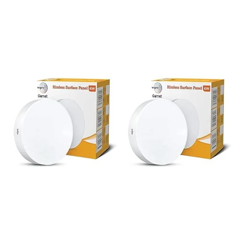 Wipro Polycarbonate Garnet 6W Rimless Round Led Surface Panel | Cool White Light (6500K) | Elegant Rimless Design for Wider Spread of Light | Surface Mounted Led Down Light for Ceiling | Pack of 2
