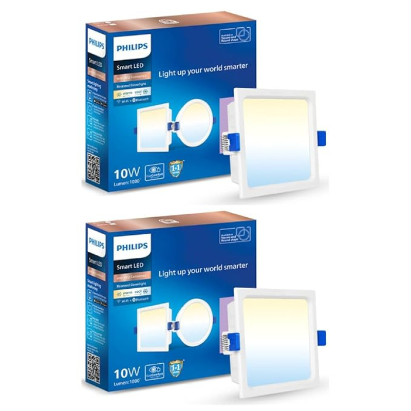 PHILIPS 10W Square Wi-Fi Smart LED Ceiling Light for Home with Music Sync Function | Amazon Alexa & Google Assistant Compatible | Cut Out: 4.17 inch | Tunable White, Pack of 2 (Wiz Prime Neo)